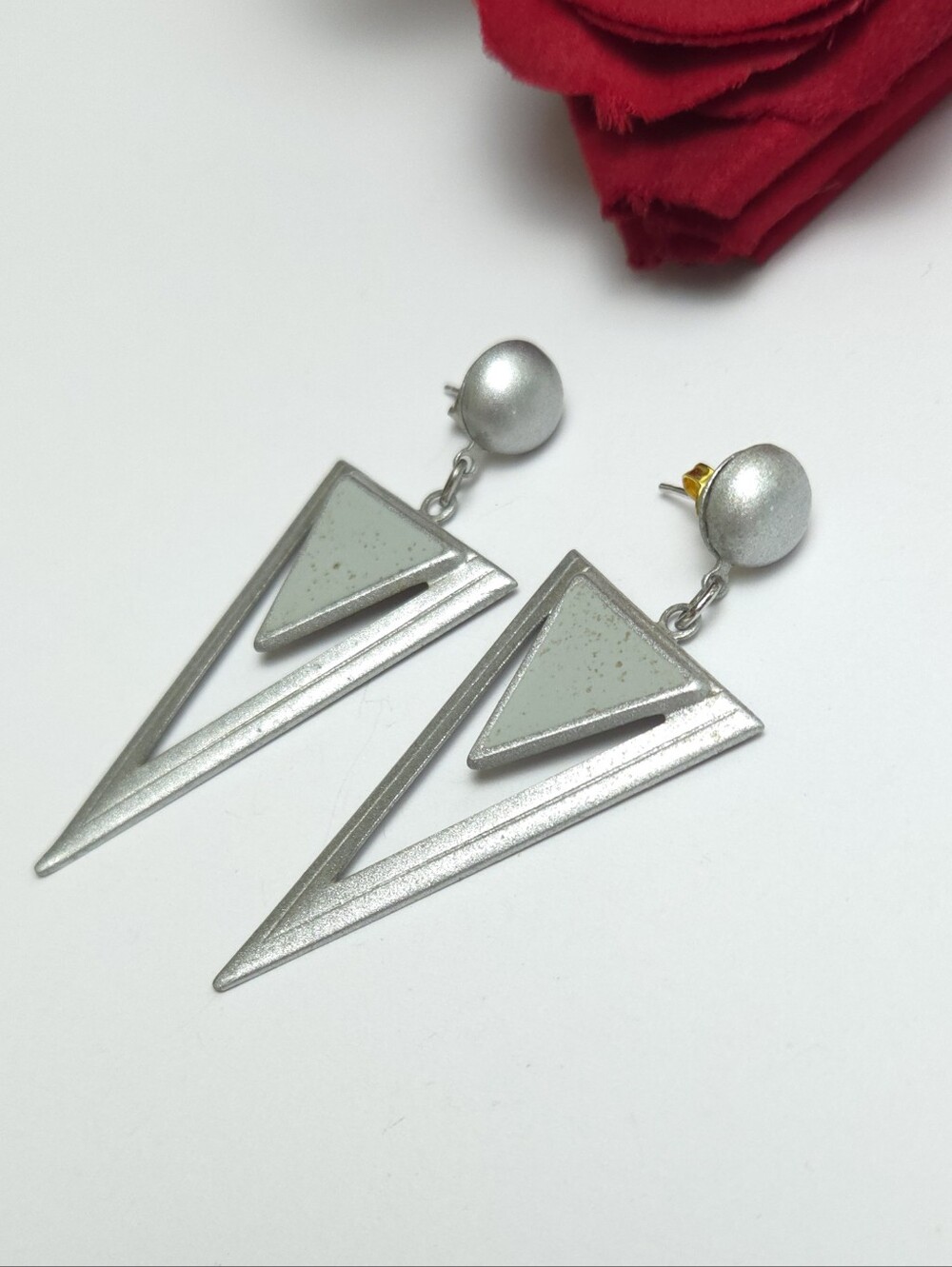 Vintage Metallic Silver & Green Double Triangle Dangle Earrings
